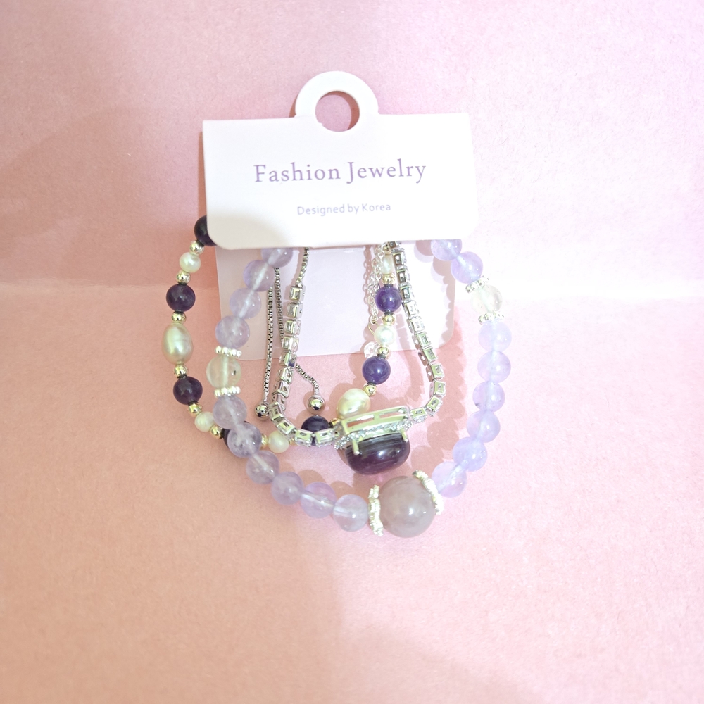 Purple and Silver Beaded Bracelet Set